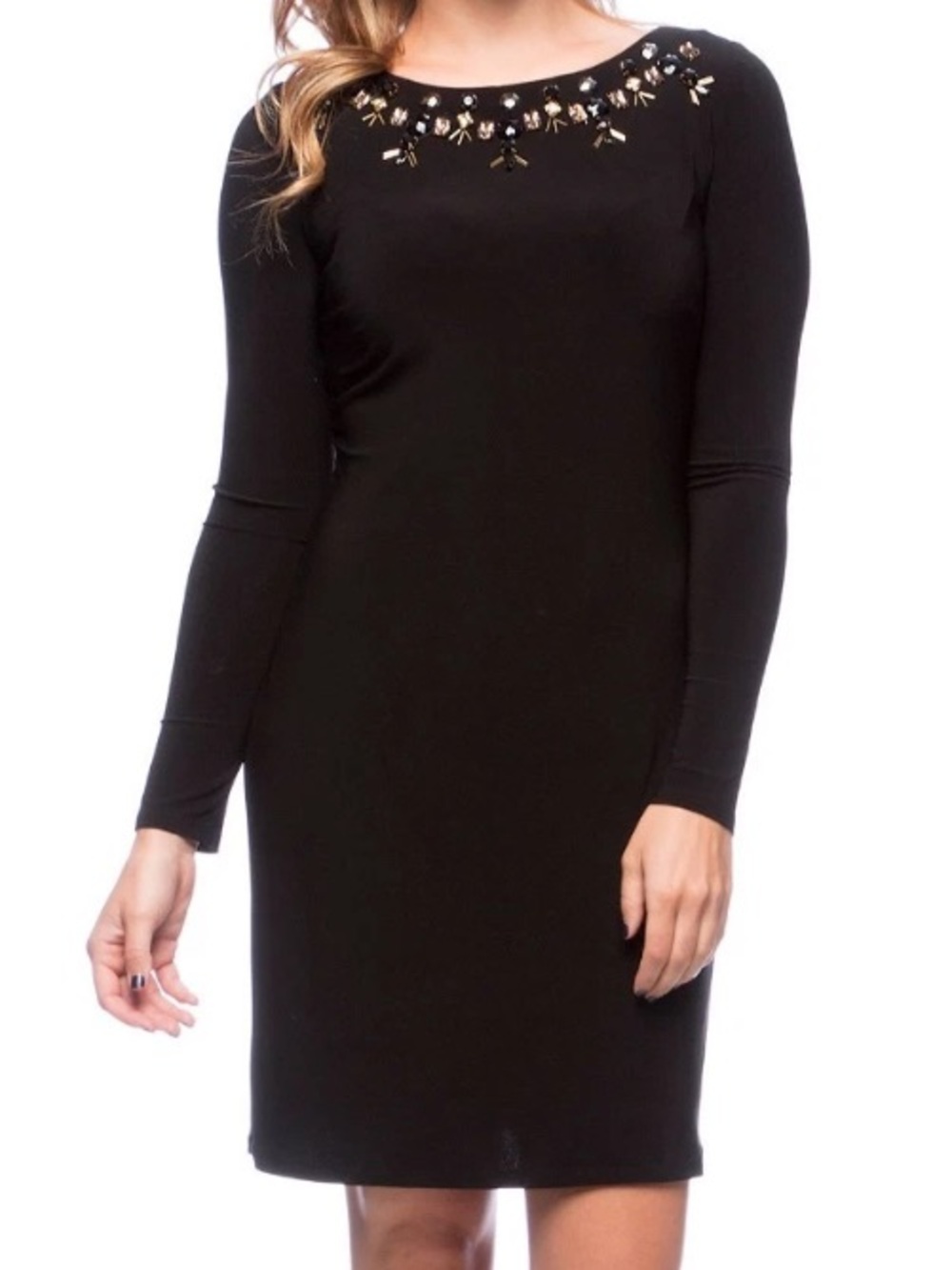 Vince Camuto Black Long-Sleeve Dress with Beaded Neckline